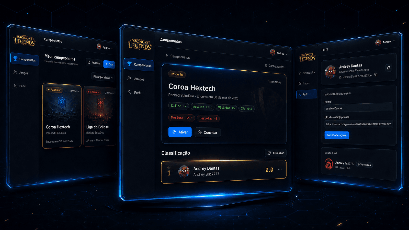 Mockup das funcionalidades — leaderboard, campeonato e estatísticas