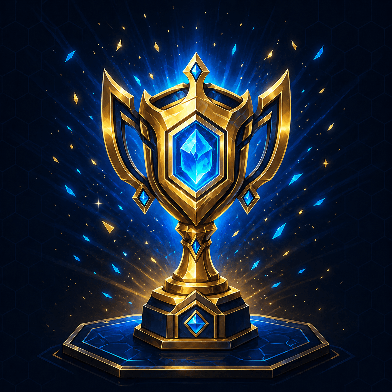 Criar campeonato — troféu dourado com cristal hextech brilhante